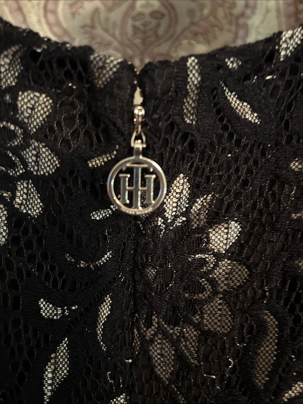 Tommy Hilfiger Black Lace Midi Dress with Gold Floral Accents - Picture 4 of 5